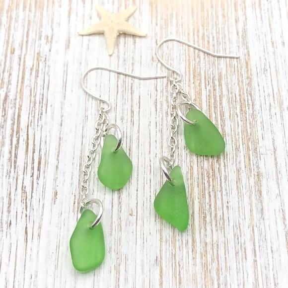 Hand Crafted Jewelry - Genuine Sea Glass Beach Drop Cascade Earrings